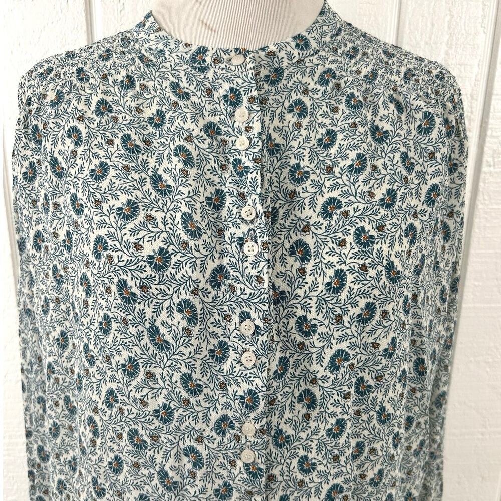 A Loves A Floral Peasant Blouse Medium Blue Boho Smocked Long Sleeve Viscose Top - Picture 4 of 9